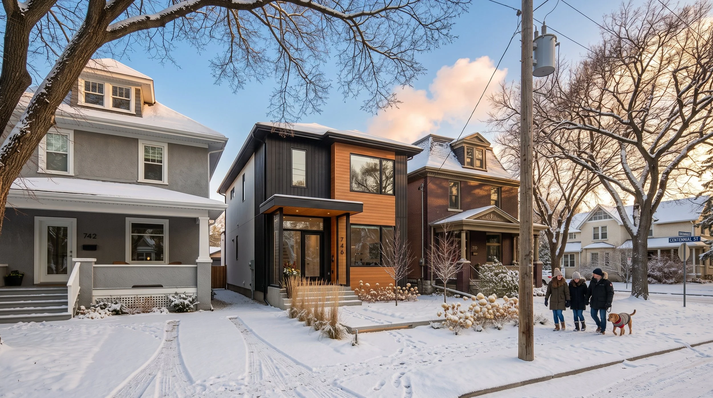 Snow-covered residential street with modern houses, large trees, and a group of three people walking a dog.