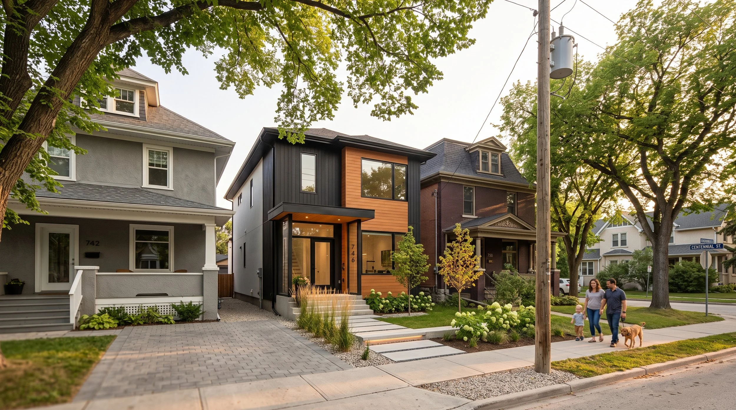 A modern, two-story house with black and orange exterior standing between older, traditional houses in a residential neighborhood with trees and a sidewalk. A family with two children and a dog is walking on the sidewalk.