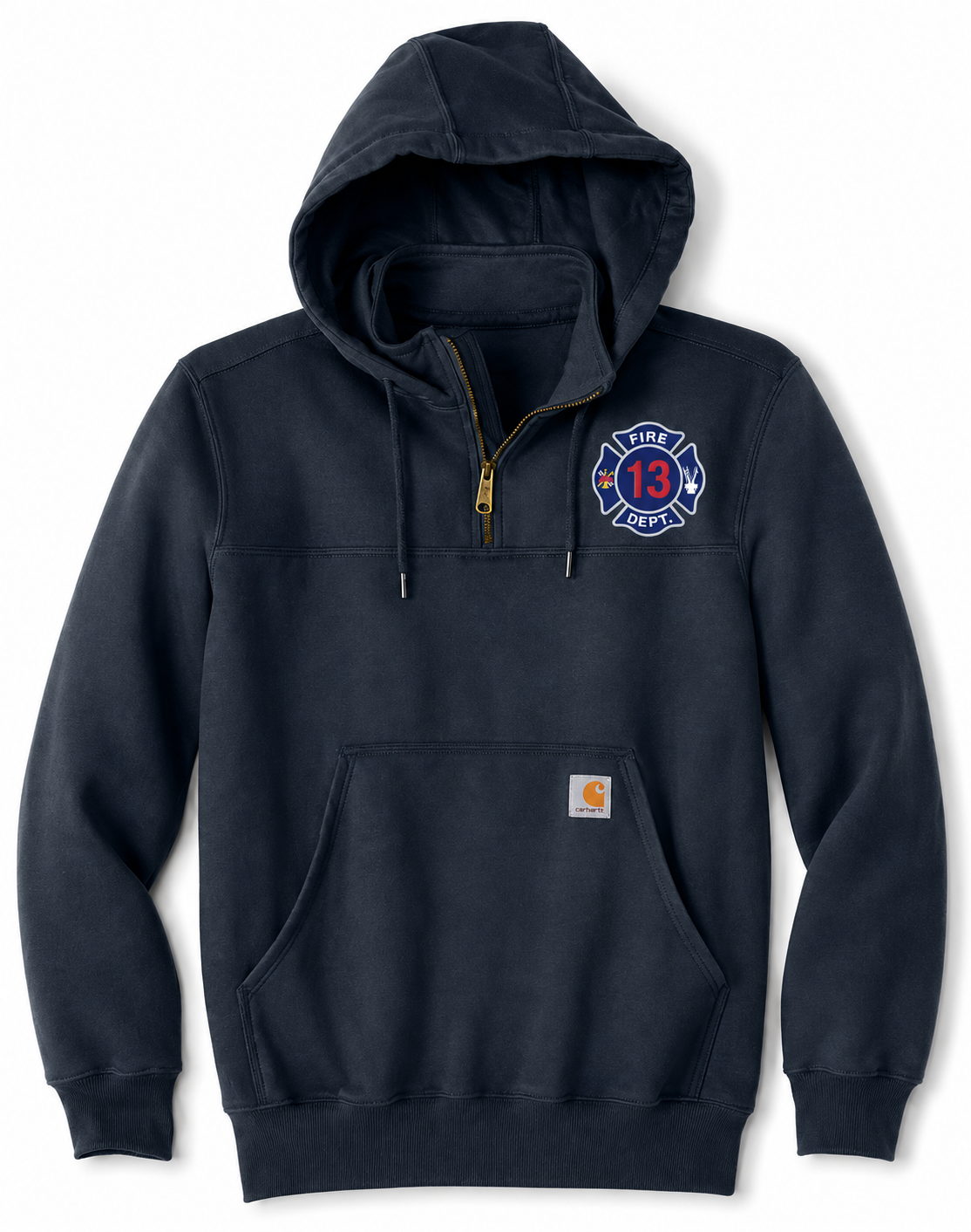Black Carhartt hoodie with custom embroidered fire department badge on the left chest.