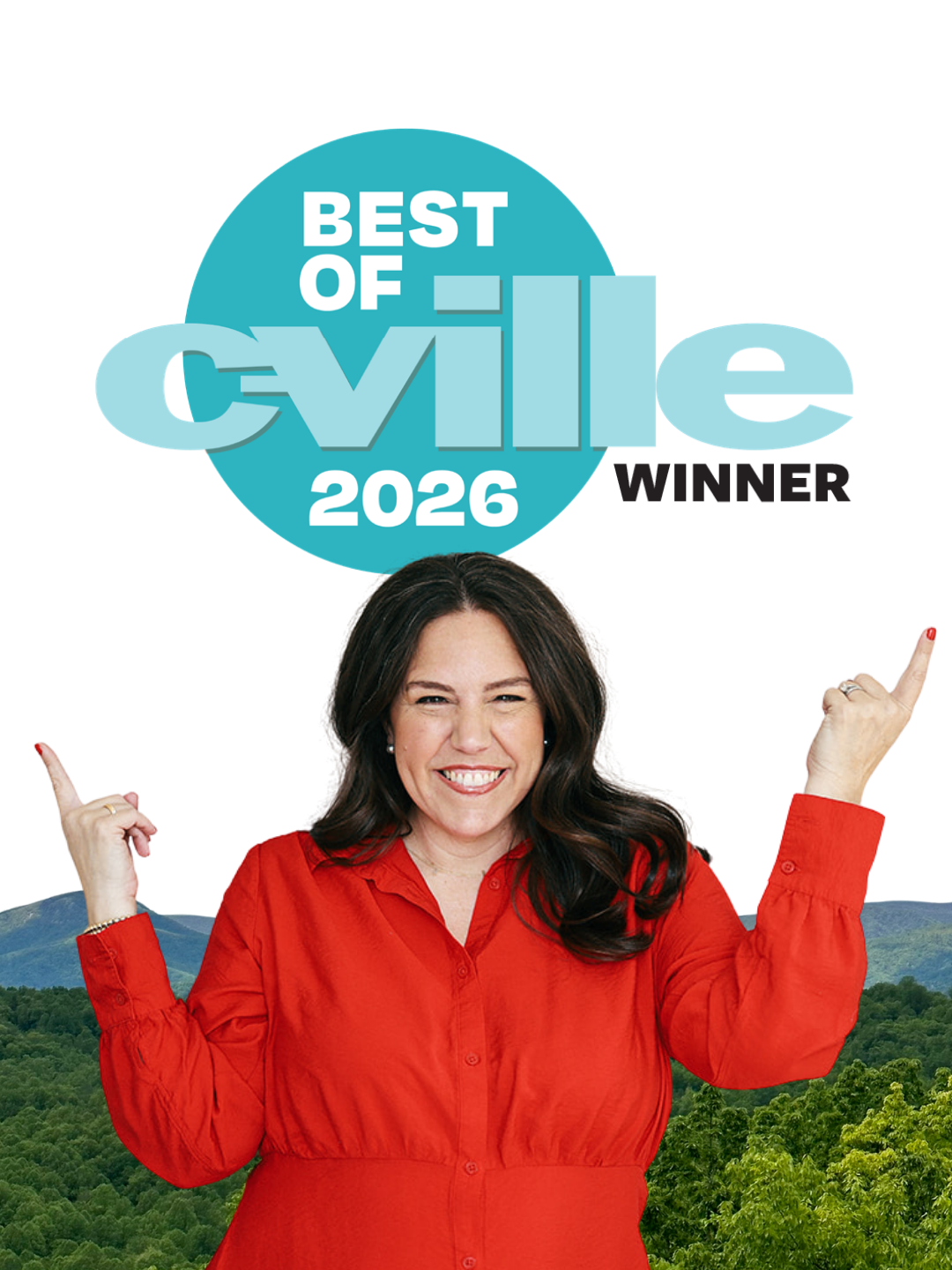 A woman with long dark hair, wearing a red blouse, smiling and pointing upwards with both hands, in front of a scenic landscape with mountains and trees, in front of a logo that says "Best of Civil 2026."