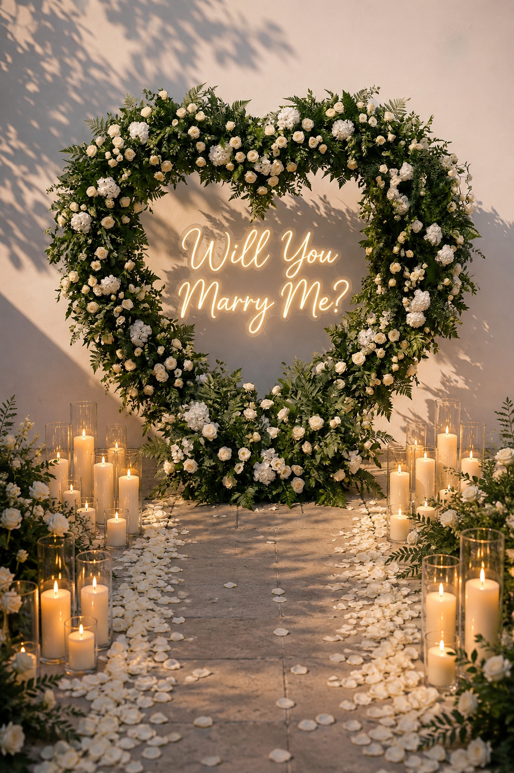 Rmantic candleight and flower petal marriage proposal setup with a floral arch backdrop and "Will you marry me" sign