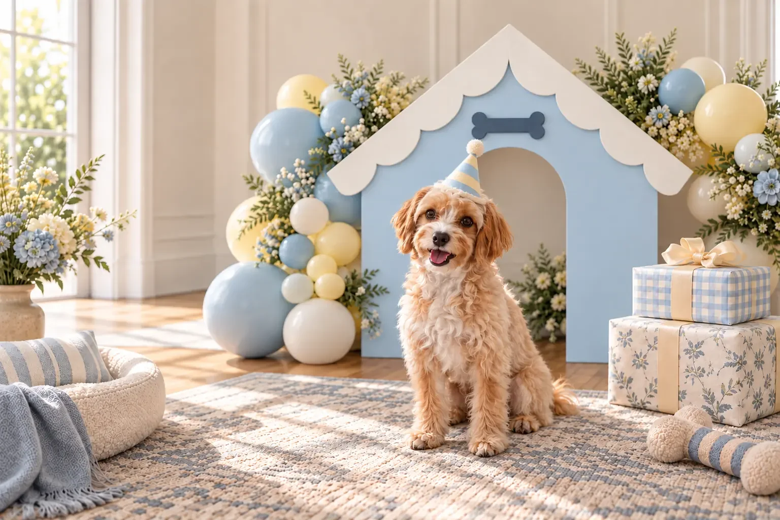 Family Pet Milo in front of custom dog party backdrop