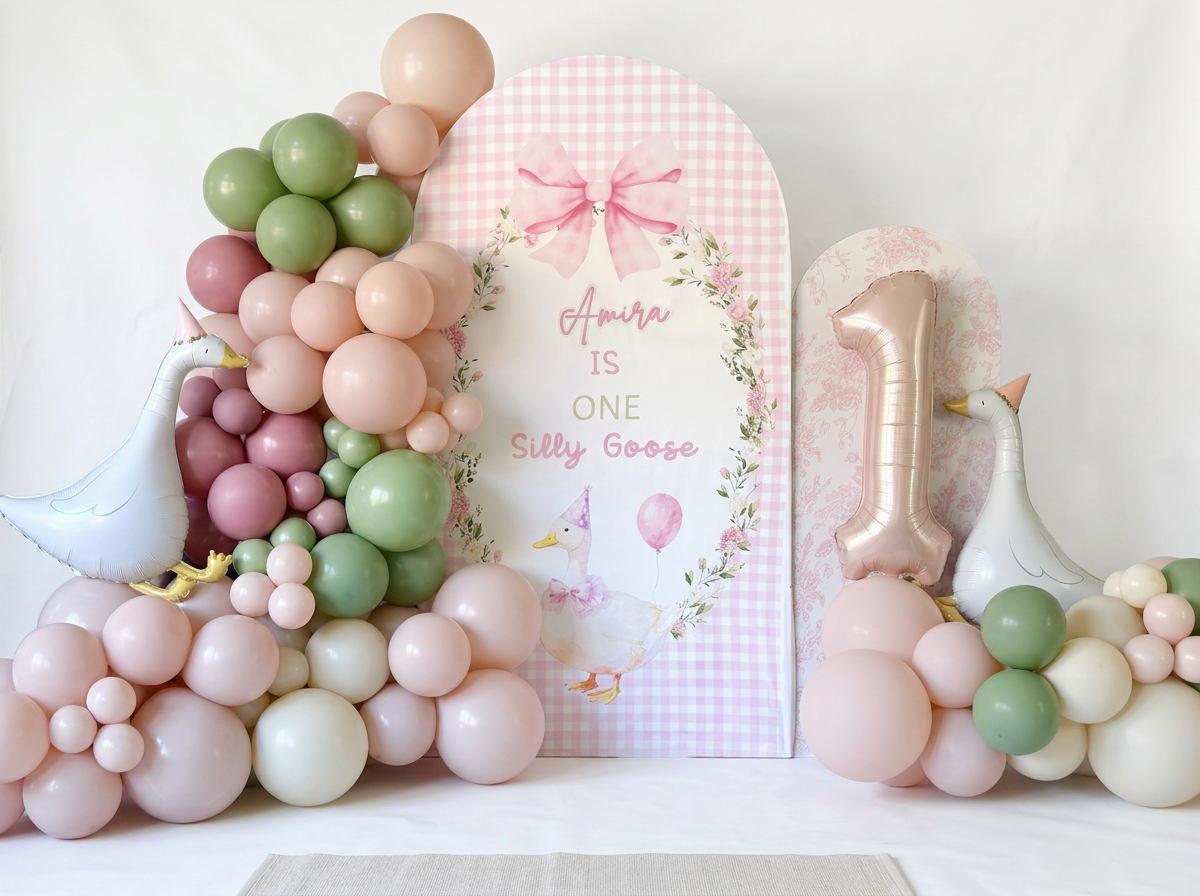 One Silly Goose themed first birthday celebration with custom balloon installation, arch backdrop, and goose foil balloons in Frisco, Texas
