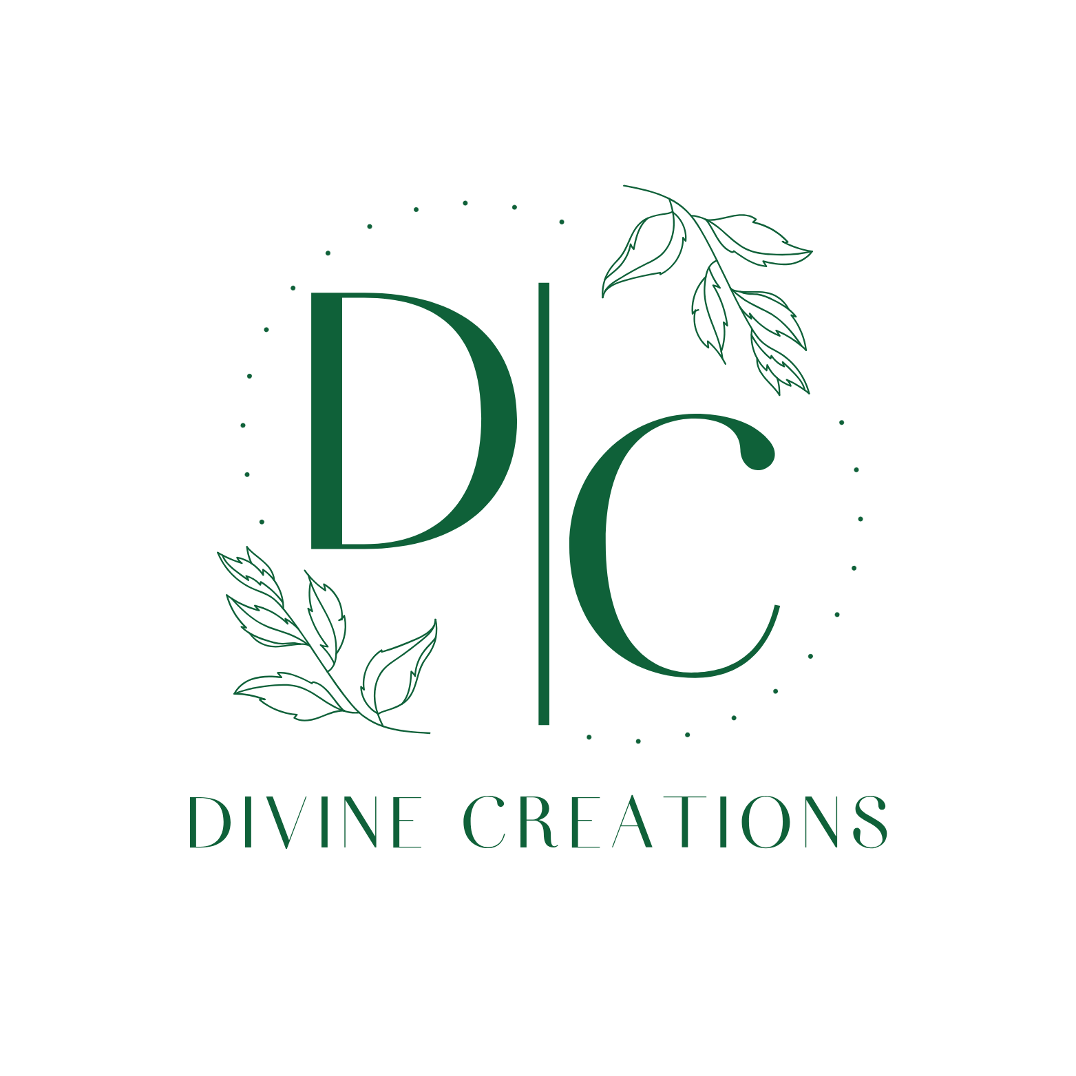 A black background with green text and decorative elements. The initials 'D' and 'C' are large and centered, with a vertical line separating them. Surrounding the initials are floral and leaf illustrations. Below, the words 'Divine Creations' are written in green.