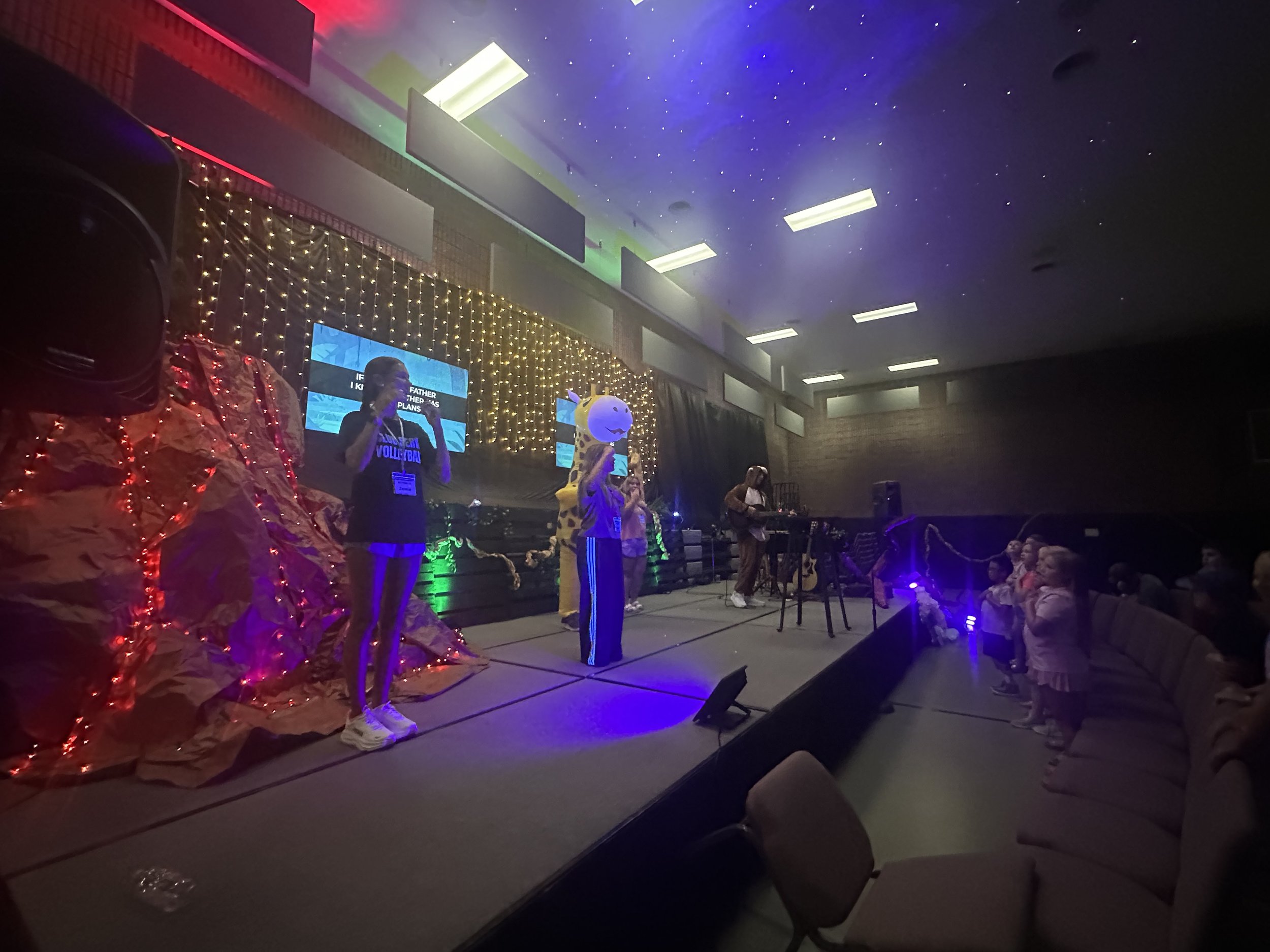 People performing on a stage indoors, decorated with string lights and artificial rock formations, with an audience watching. The ceiling is painted like a starry night sky, and there are multiple large screens behind the performers.