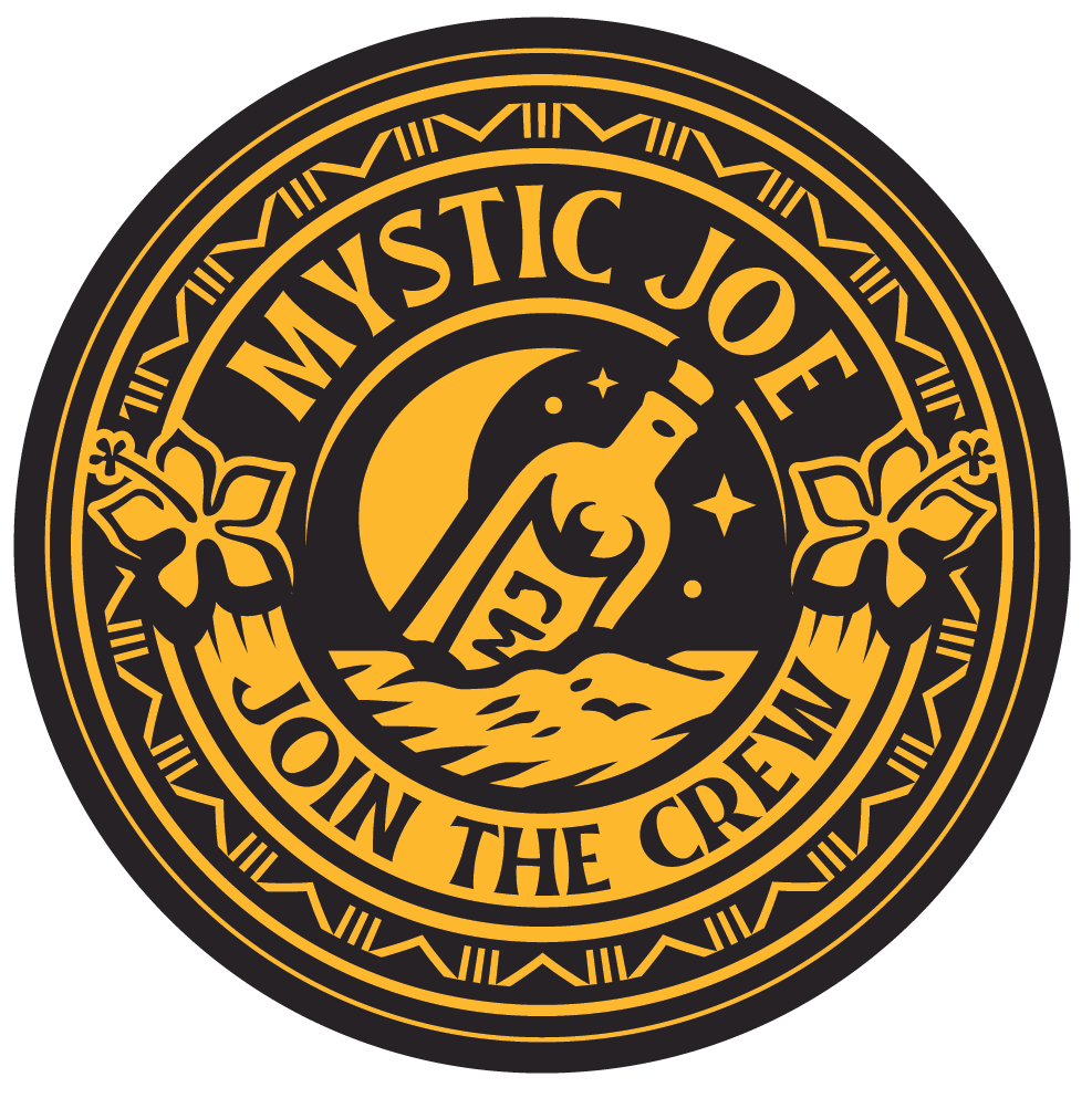 A circular emblem with the text 'Mystic Joe' at the top and 'Join the Crew' at the bottom. The center features a bottle with a star, a crescent moon, and stars around it, set against a landscape with waves.