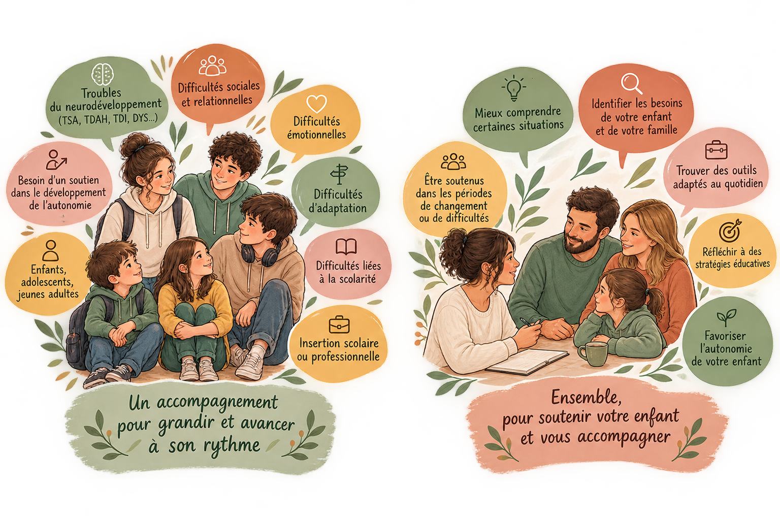 Illustration présentant les enfants, adolescents, jeunes adultes et familles accompagnés par Passerelle.