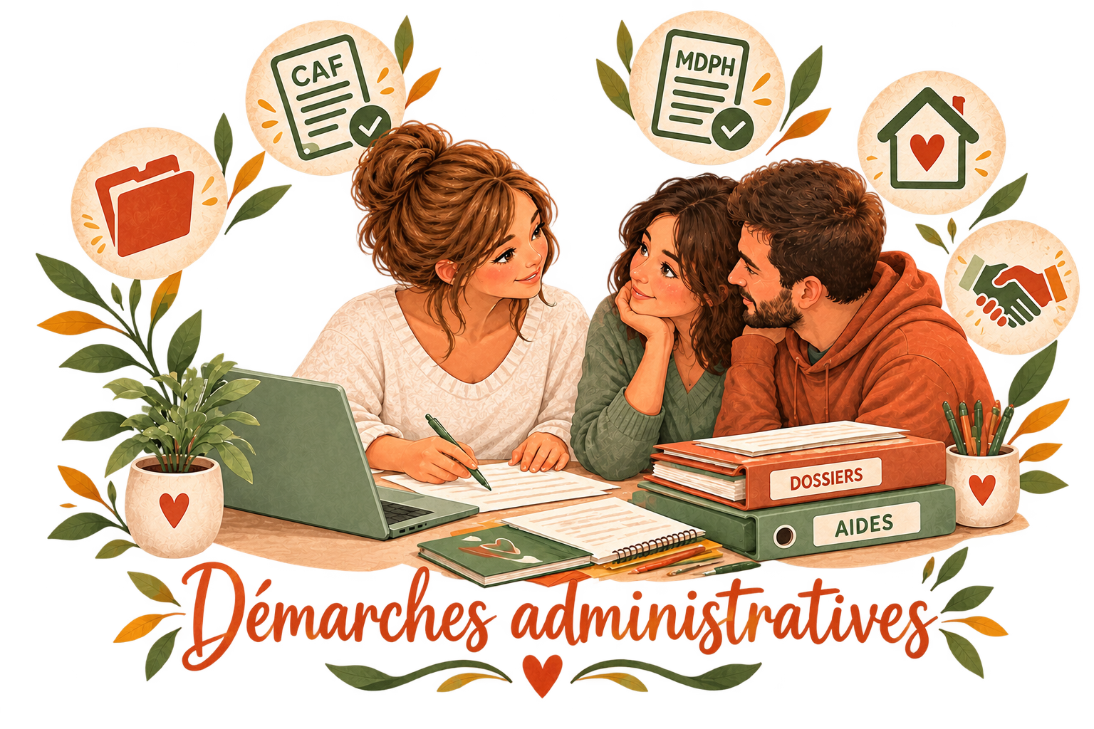 Trois personnes s'assoient à une table de bureau, échangeant des idées. La table est encombrée de classeurs, papiers, et fournitures de bureau. Des icônes autour du groupe illustrent des documents, des dossiers, des aides administratives, un domicile, et la collaboration. Le texte en bas dit 'Droits administratives'.