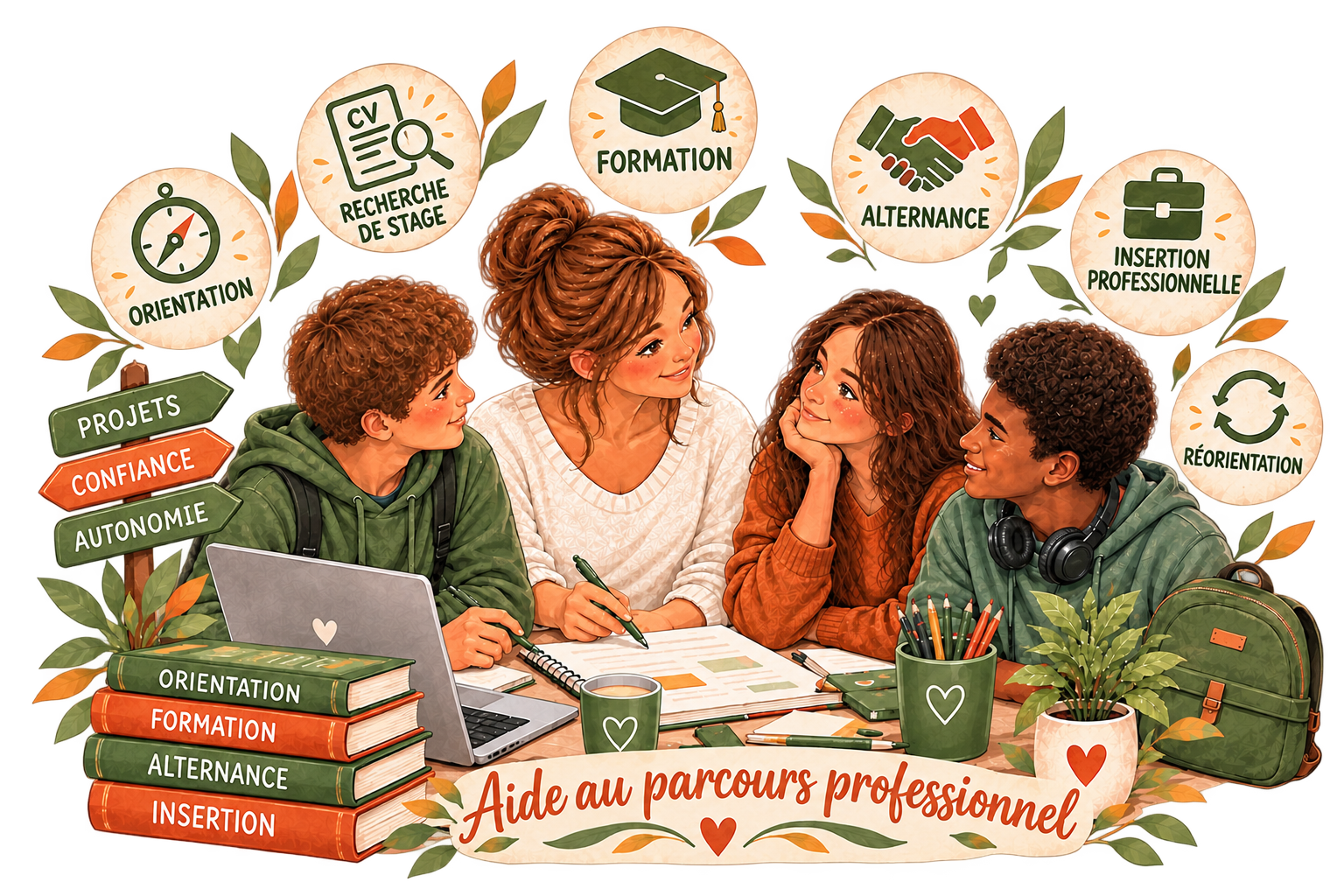 Illustration montrant un groupe de quatre jeunes en discussion autour d'une table, avec différents éléments liés à l'orientation professionnelle, la formation, et les stages, entourés de bulles et d'icônes représentant ces thèmes, avec en dessous le texte "Aide au parcours professionnel".