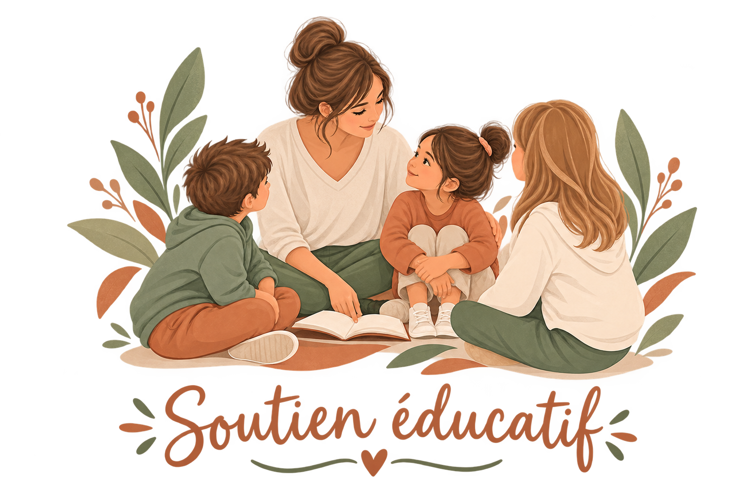 Une femme et trois enfants assis par terre en train de lire un livre, entourés de feuilles et d'herbes.