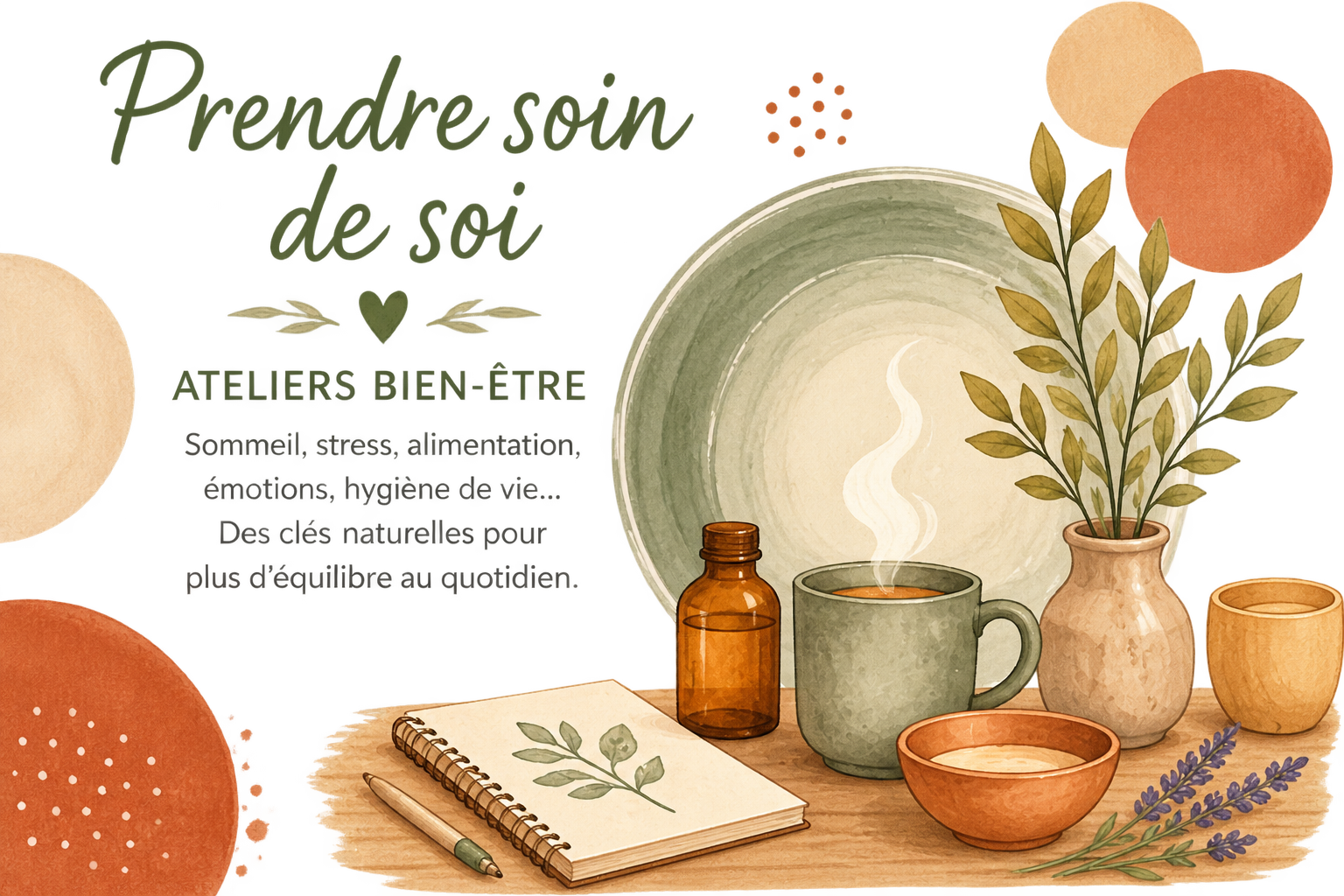 Une tasse de thé chaud, une bouteille en verre, un carnet avec une branche d'olivier dessinée, plusieurs pots en terre cuite avec des plantes, et des brins de lavande sur une table en bois.
