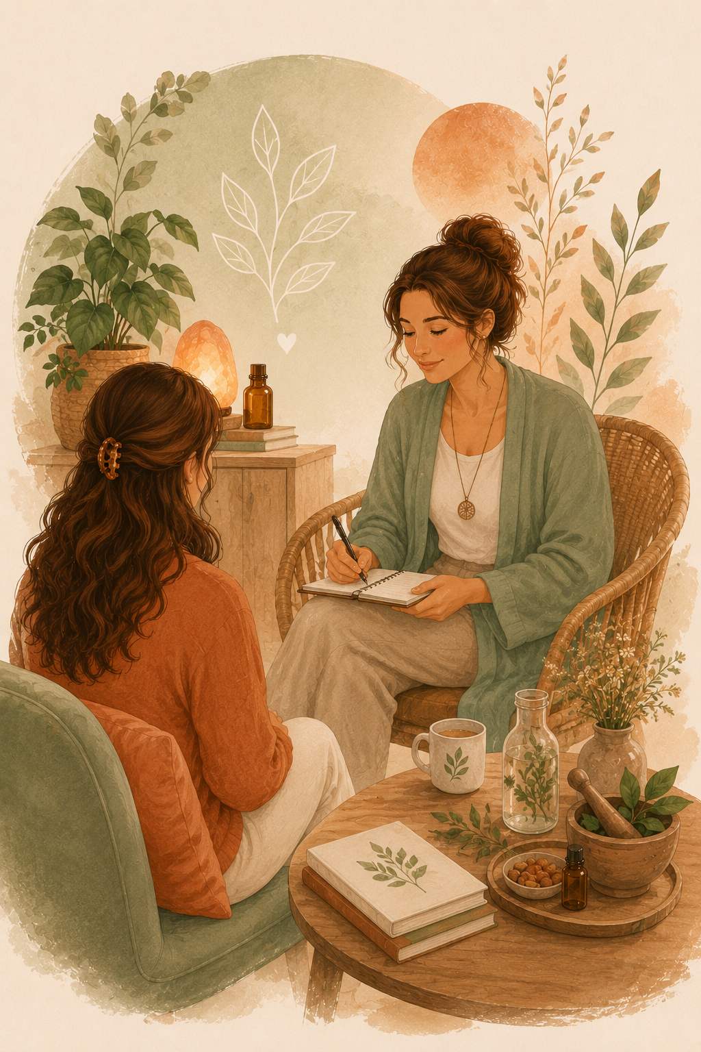 Une femme en train de faire une séance de thérapie ou de coaching avec une autre femme dans une ambiance chaleureuse et naturelle, entourées de plantes, livres, et objets en terre cuite.