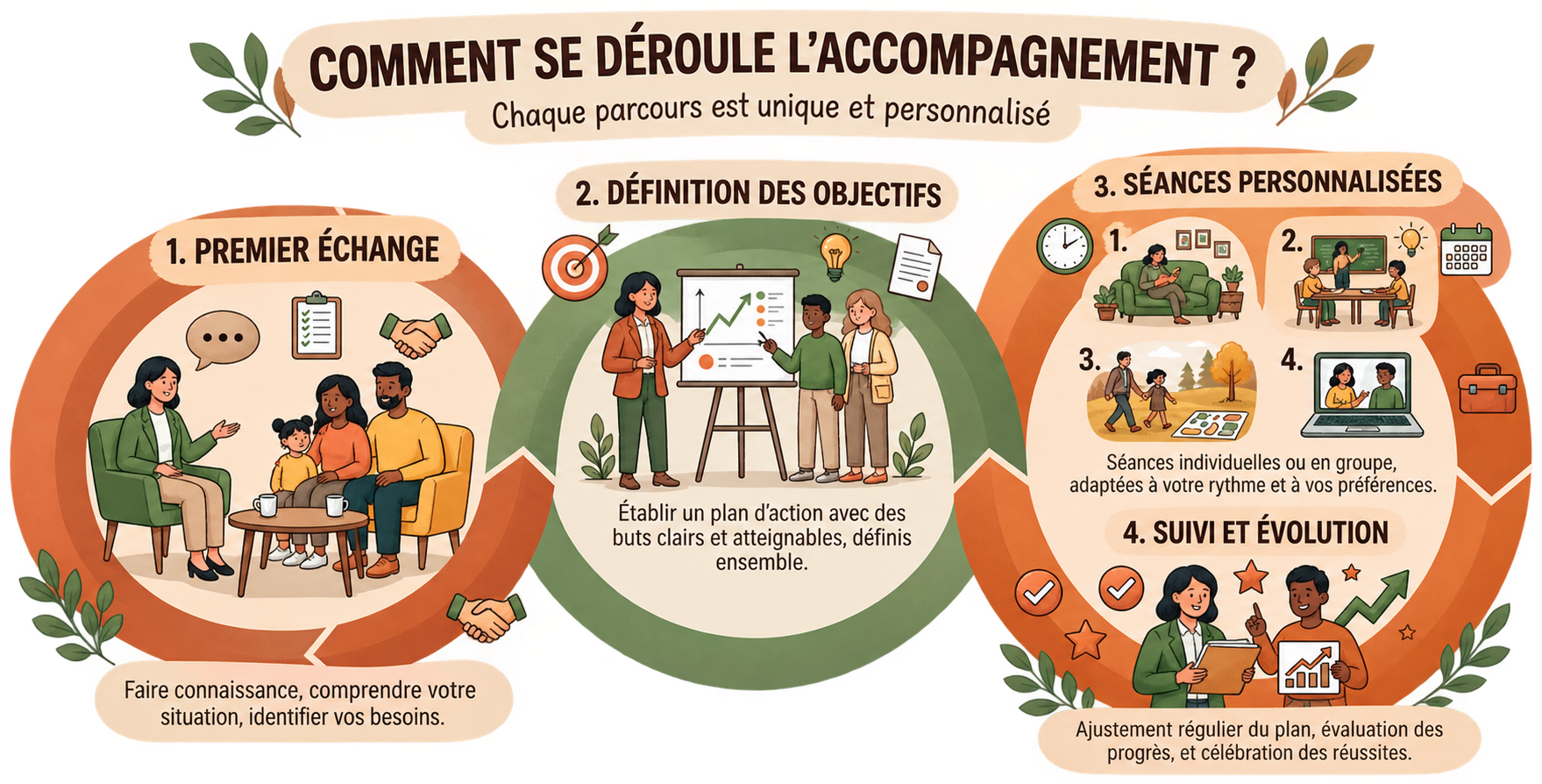 Infographie présentant les différentes étapes d'un accompagnement éducatif personnalisé avec Passerelle