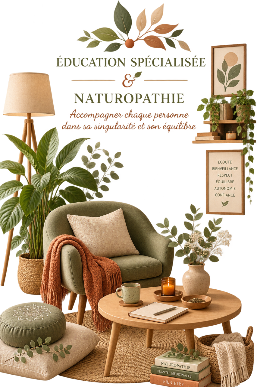 Un coin cosy avec un fauteuil vert, une table basse en bois avec un livre, un carnet, une tasse, une bougie, un vase avec des fleurs, un coussin, un tapis et des plantes. Mur décoré avec des cadres et des étagères avec des livres et des plantes. Texte en français sur le sujet de l'éducation spécialisée et de la naturopathie.