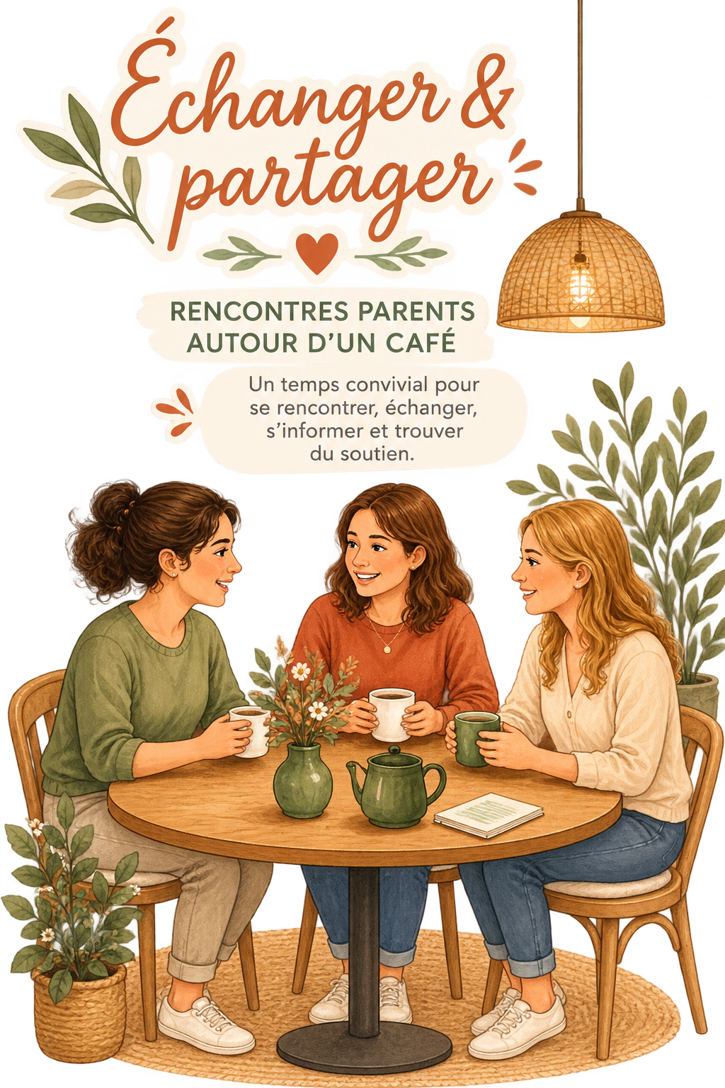 Trois femmes jeunes assises autour d'une table en bois, discutant et buvant du café, dans un café accueillant avec plantes vertes et une lampe suspendue