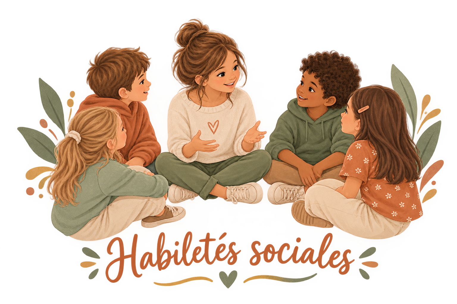 Une éducatrice ou un animateur discute avec un groupe de cinq enfants assis en cercle, avec le texte « Habiletés sociales » en dessous.