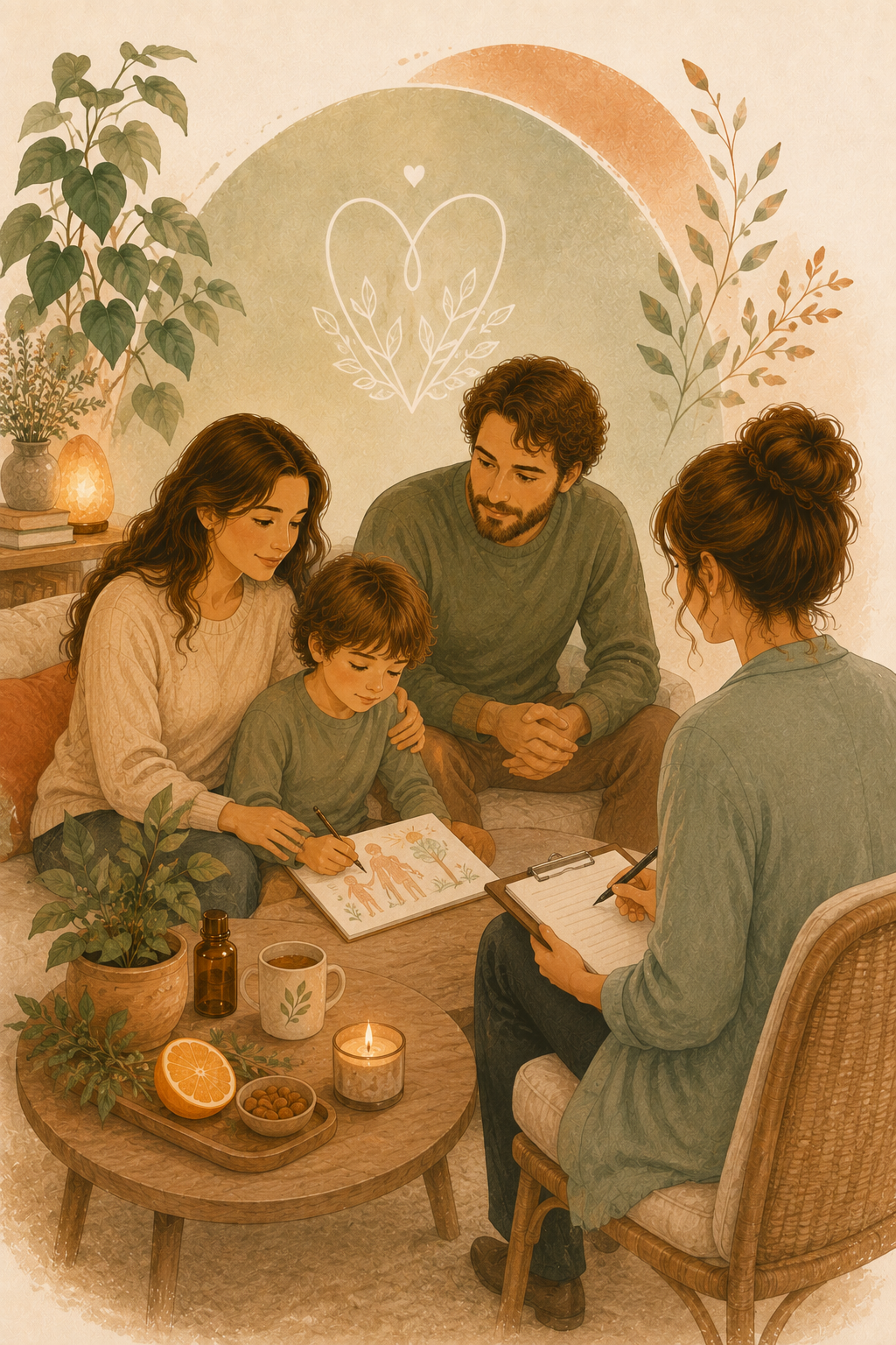 Une famille assise sur un canapé, observant une femme qui prend des notes lors d'une séance de thérapie ou de counseling. La scène est chaleureuse, avec des plantes, une bougie allumée, une orange coupée et des noix sur la table.