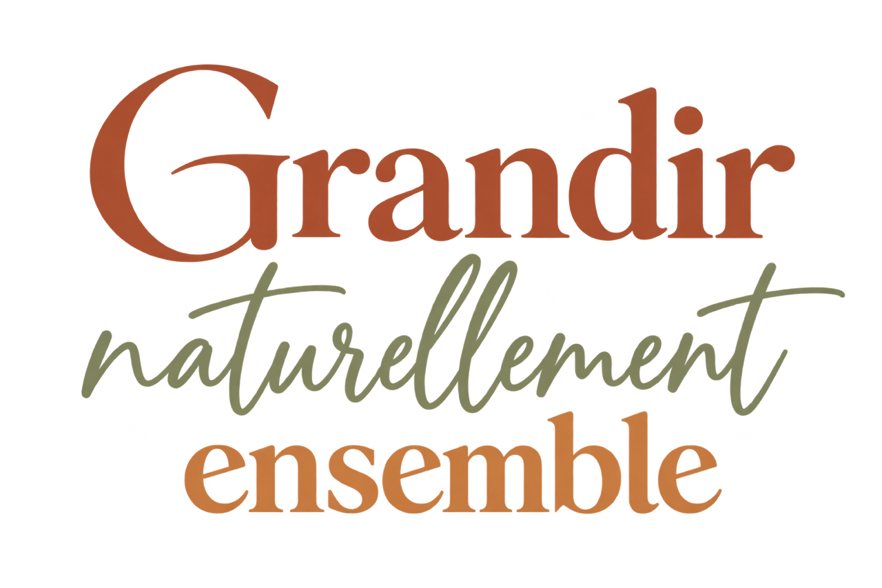 Mot en français 'Grandir naturellement ensemble' écrit avec des couleurs rouge, vert, blanc et gris.