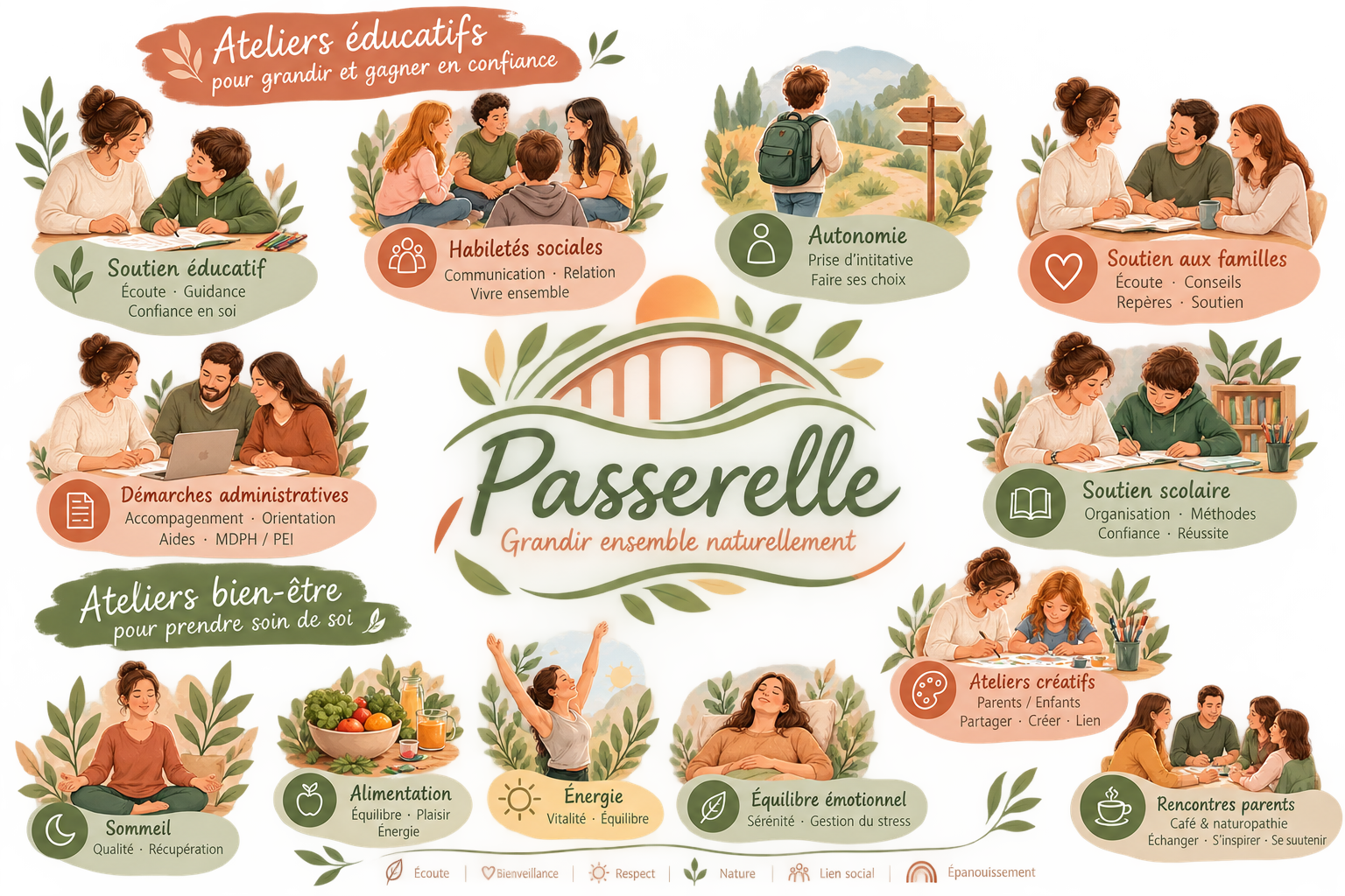 Infographie présentant les principaux domaines d'accompagnement éducatif et de naturopathie de Passerelle.