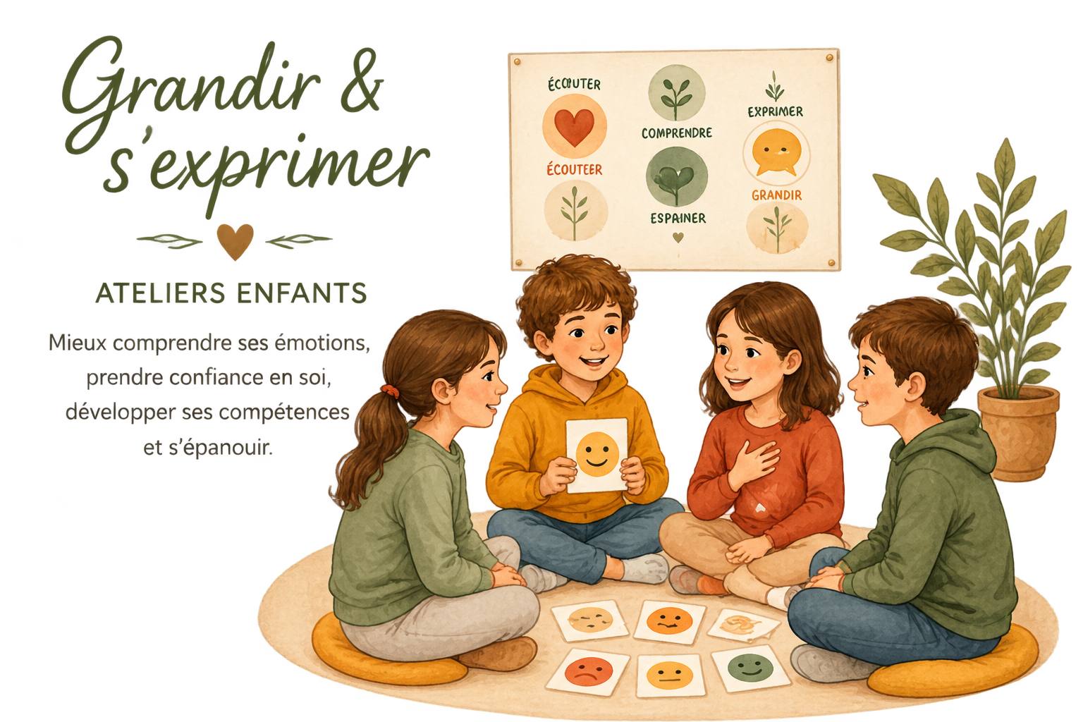Groupe d'enfants assis en cercle, discutant et jouant avec des cartes illustrant différentes expressions faciales, dans une pièce décorée de plantes et d’un tableau pédagogique sur l’écoute, la compréhension, l'expression, et la croissance.