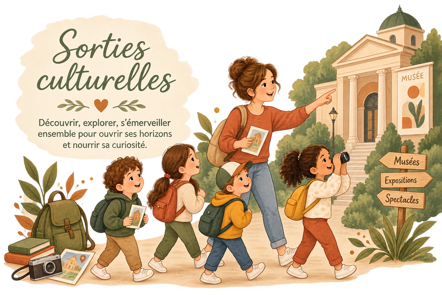 Une éducatrice et cinq enfants avec des sacs à dos et appareils photo en marche vers un musée, dans un décor d'automne, avec un panneau indiquant les directions vers des musées, expositions et spectacles, pour une sortie culturelle.
