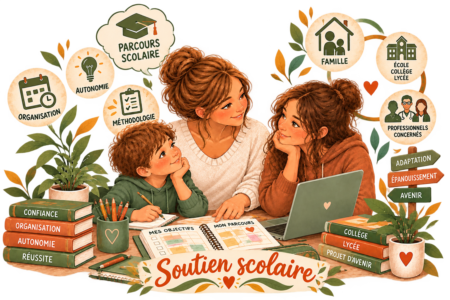 Une illustration représentant une mère et ses deux enfants à une table d'étude, entourés de livres, de feuilles et d'icônes liées au parcours scolaire, avec des mots tels que confiance, organisation, autonomie, réussite, famille, école, professionnels concernés. Le texte principal dit 'Soutien scolaire'.