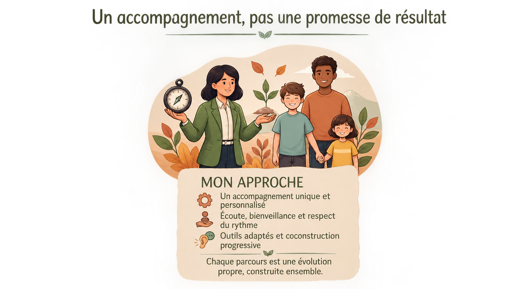 Illustration représentant un accompagnement éducatif personnalisé d'une famille, fondé sur l'écoute, la bienveillance et le respect du rythme de chacun.
