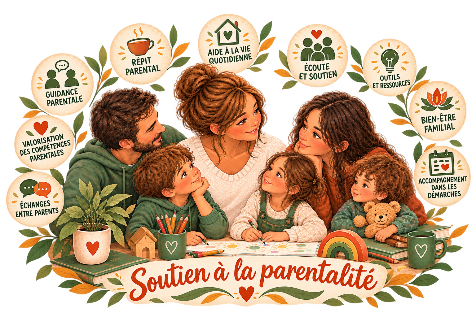 Illustration de famille avec deux parents et trois enfants autour d'une table, avec des éléments de décoration comme un arc-en-ciel et des livres, entourée de dix icônes avec textes sur le soutien à la parentalité en français.