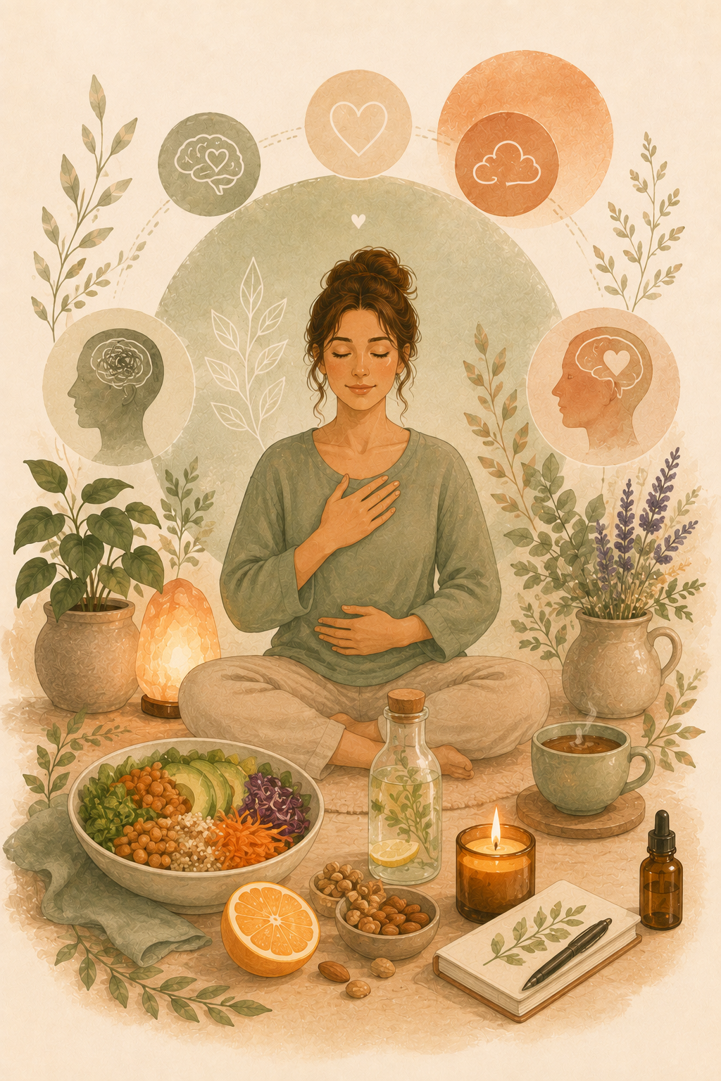 Une femme assise en position de méditation, avec des plantes, une salade, une tasse de thé, une lampe et des huiles essentielles autour, symbolisant le bien-être et la relaxation.