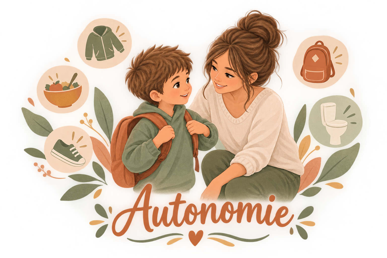 Une mère et un enfant parlent, entourés d'illustrations de vêtements, nourriture, chaussures, sac à dos, et toilettes, avec le mot « Autonomie » écrit en dessous.