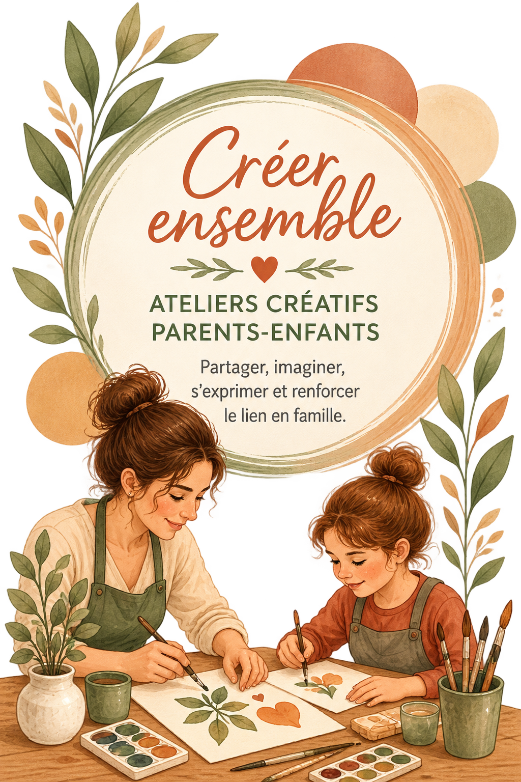Une affiche promotionnelle pour des ateliers créatifs parents-enfants, illustrée par une mère et sa fille peinturant ensemble à la maison, avec des éléments floraux et des couleurs chaudes.