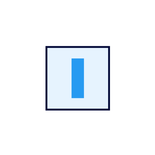 A blue letter 'I' inside a light blue square with a dark blue border on a white background.