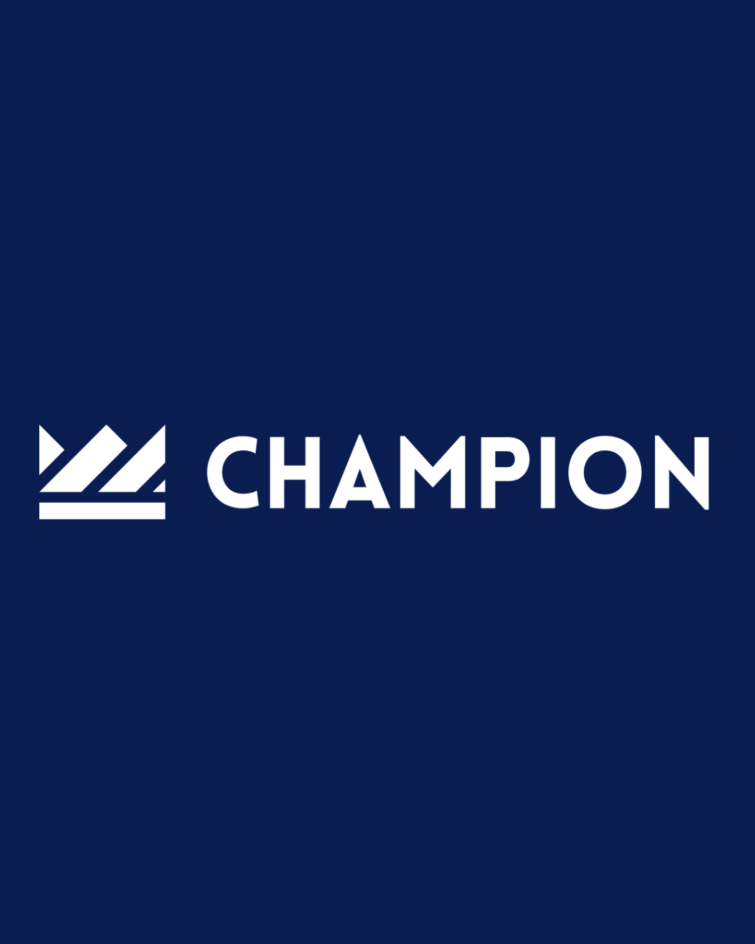 Dark blue background with the word 'CHAMPION' in white text and a stylized white logo to the left of the word.