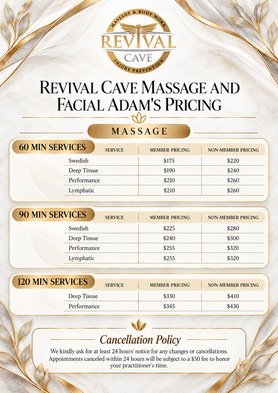 Price list for Revival Cave Massage and Facial Adam's Pricing, with options for 60, 90, and 120-minute services, including Swedish, Deep Tissue, Performance, and Lymphatic massages, with prices for members and non-members, and a cancellation policy at the bottom.