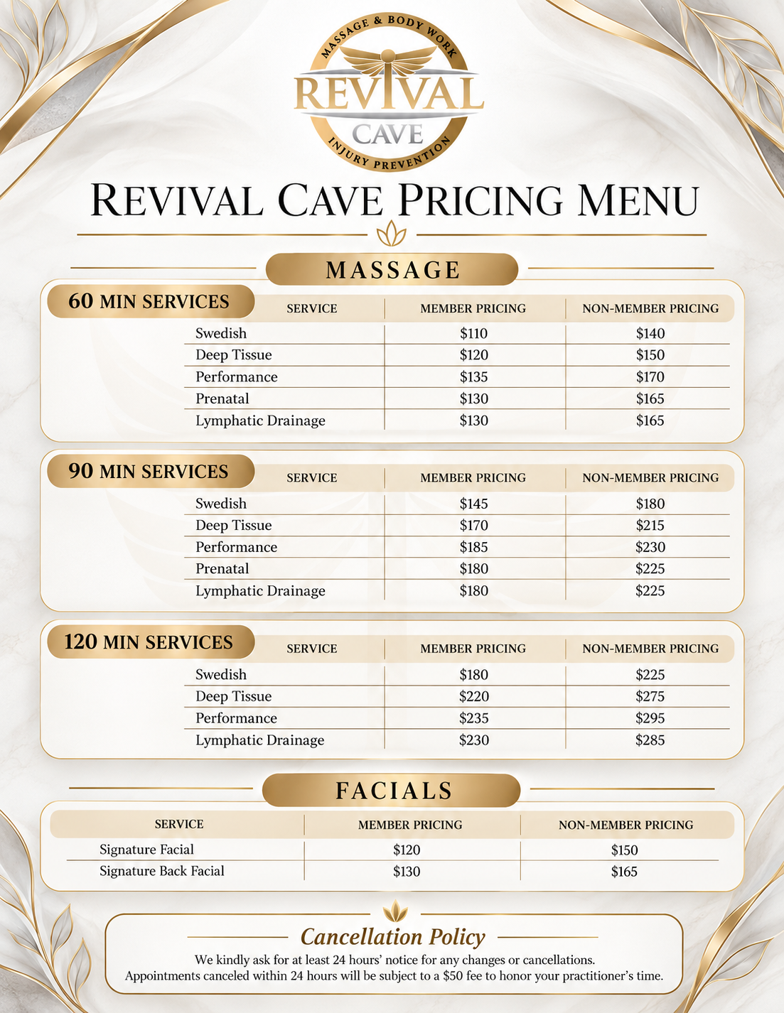 Revival Cave Massage & Body Work Pricing Menu including services for 60, 90, and 120-minute massages, facials, and their respective prices for members and non-members.