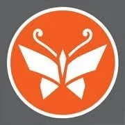 A logo featuring a stylized butterfly within an orange circle.