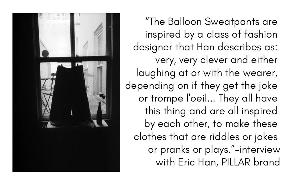 A pair of sweatpants are silhouetted in a window with a quote from the interview with designer Eric Han of PILLAR brand.
