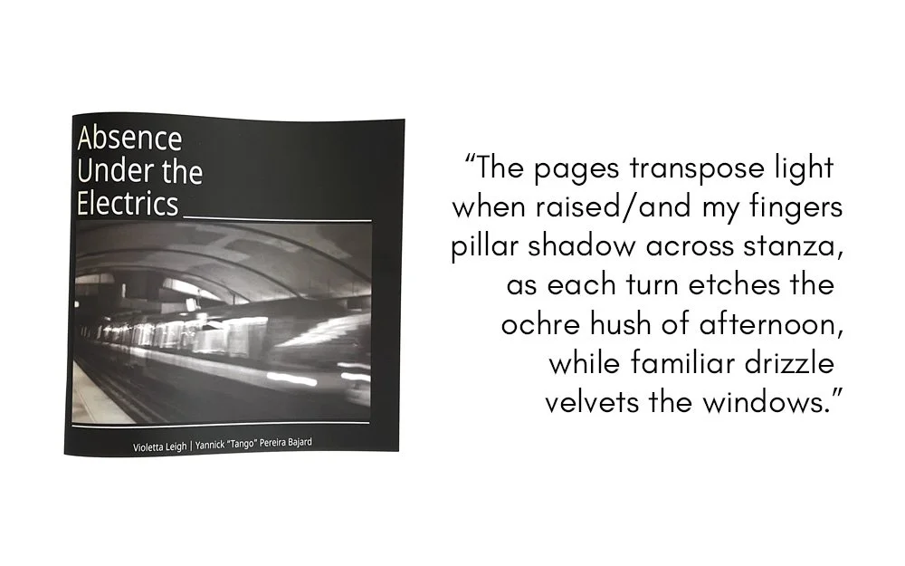 A photograph of the poetry and photography collaborative zine by Yannick Pereira Bajard and Violetta Leigh. The cover has an image of a train rushing through the Montreal metro.