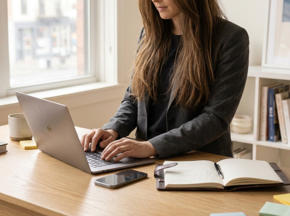 Eine Frau arbeitet an einem Laptop an einem Schreibtisch in einem Büro mit Büchern und Notizbüchern.