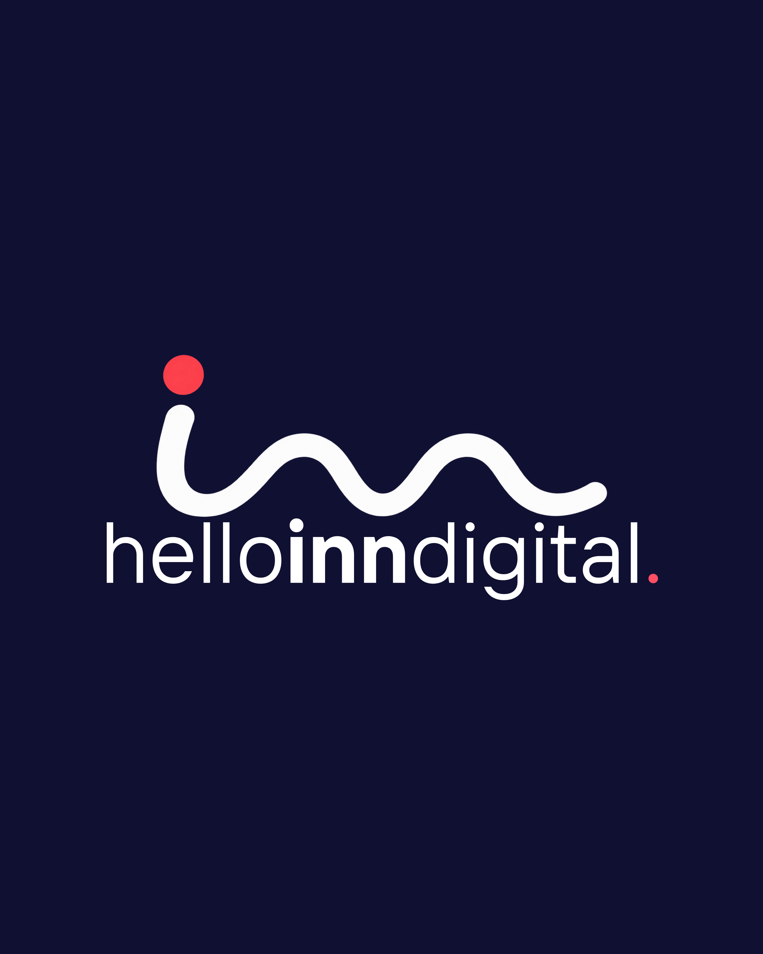 Logo der Firma HelloInDigital auf dunklem Hintergrund, mit weißem Text und einem roten Punkt über dem Buchstaben I in Hello.