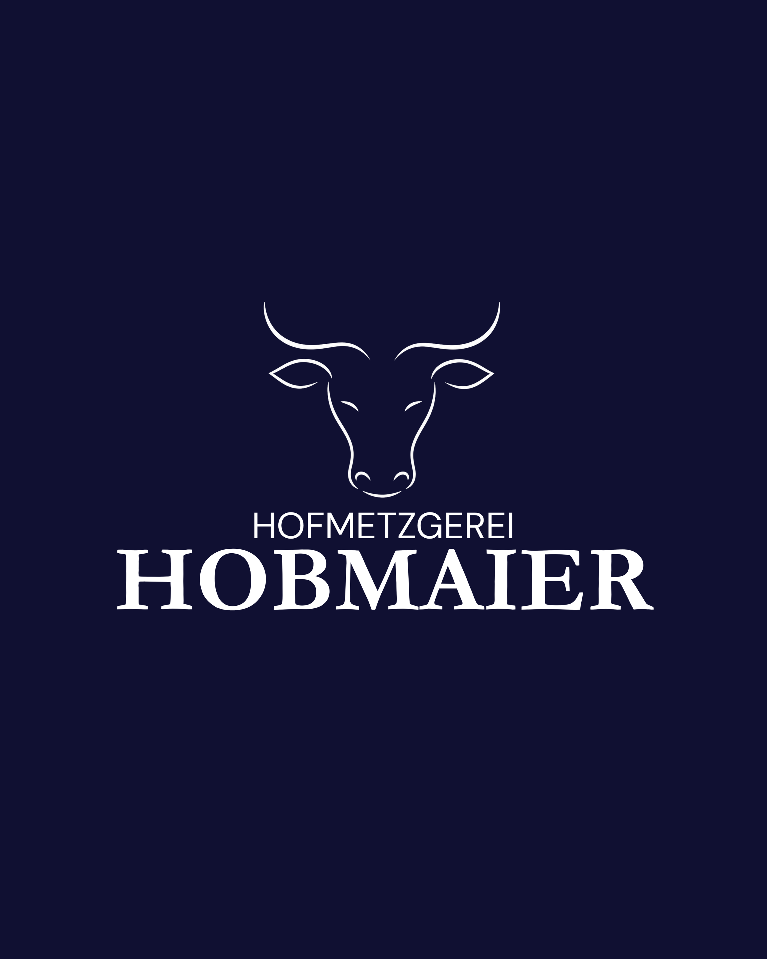 Logo der Hofmetzgerei Hornmaier, dunkelblauer Hintergrund, stilisierter Hirschkopf in weiß