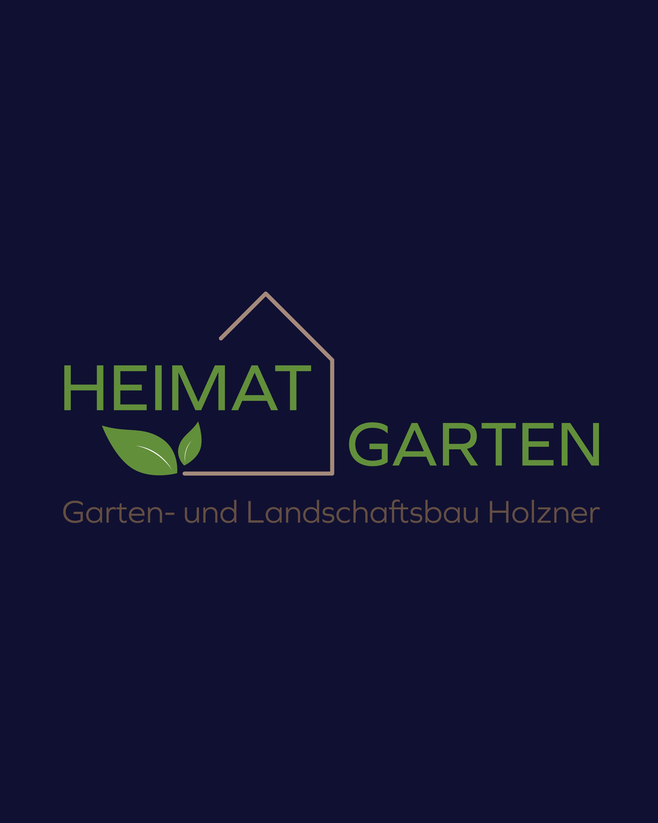 Das Bild zeigt ein Logo mit dem Text 'HEIMAT GARTEN' in grüner Schrift, umgeben von Linien, die ein Haus darstellen, und einem Blatt darunter.