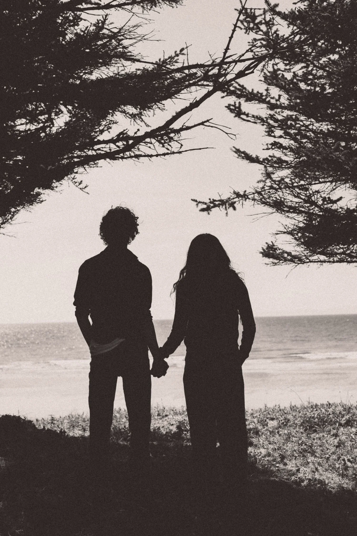 Silhouettes of a man and woman holding hands on a beach, with trees in the foreground and the ocean in the background, in black and white.