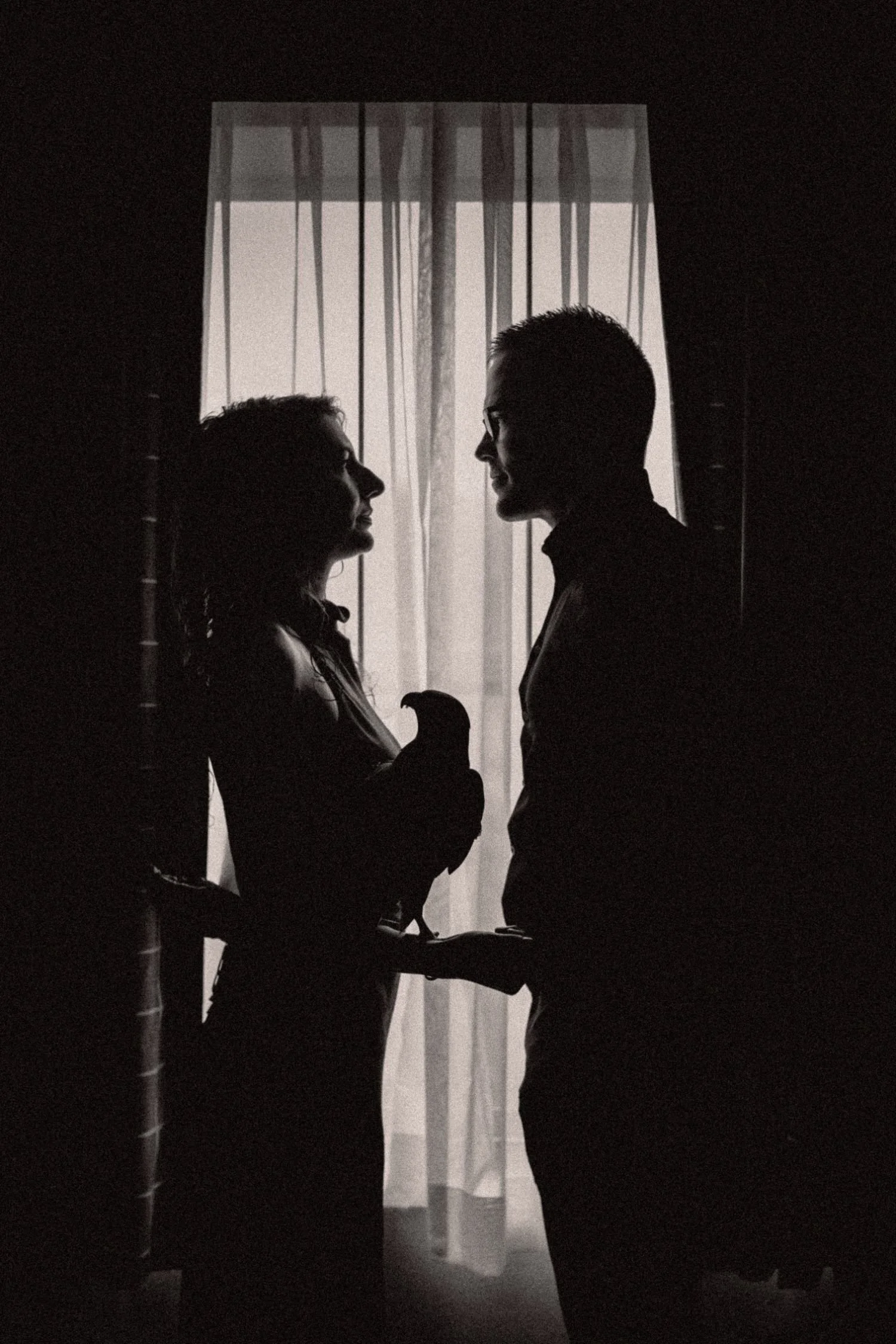 Silhouette of a man and woman facing each other in front of a window with curtains, backlit creating a dramatic shadow effect.
