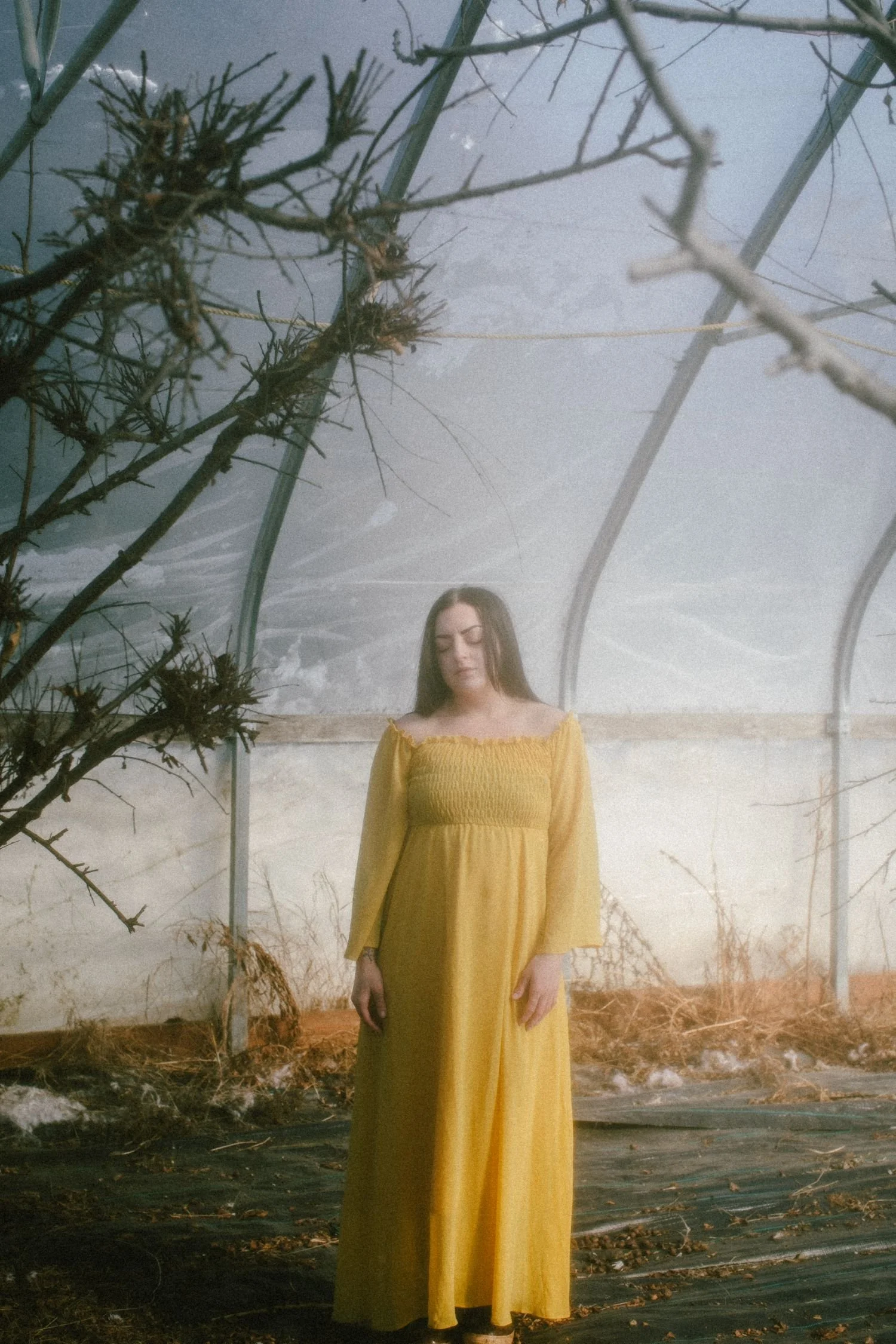 A woman in a long yellow dress standing in a greenhouse with plants and dried grass around her.