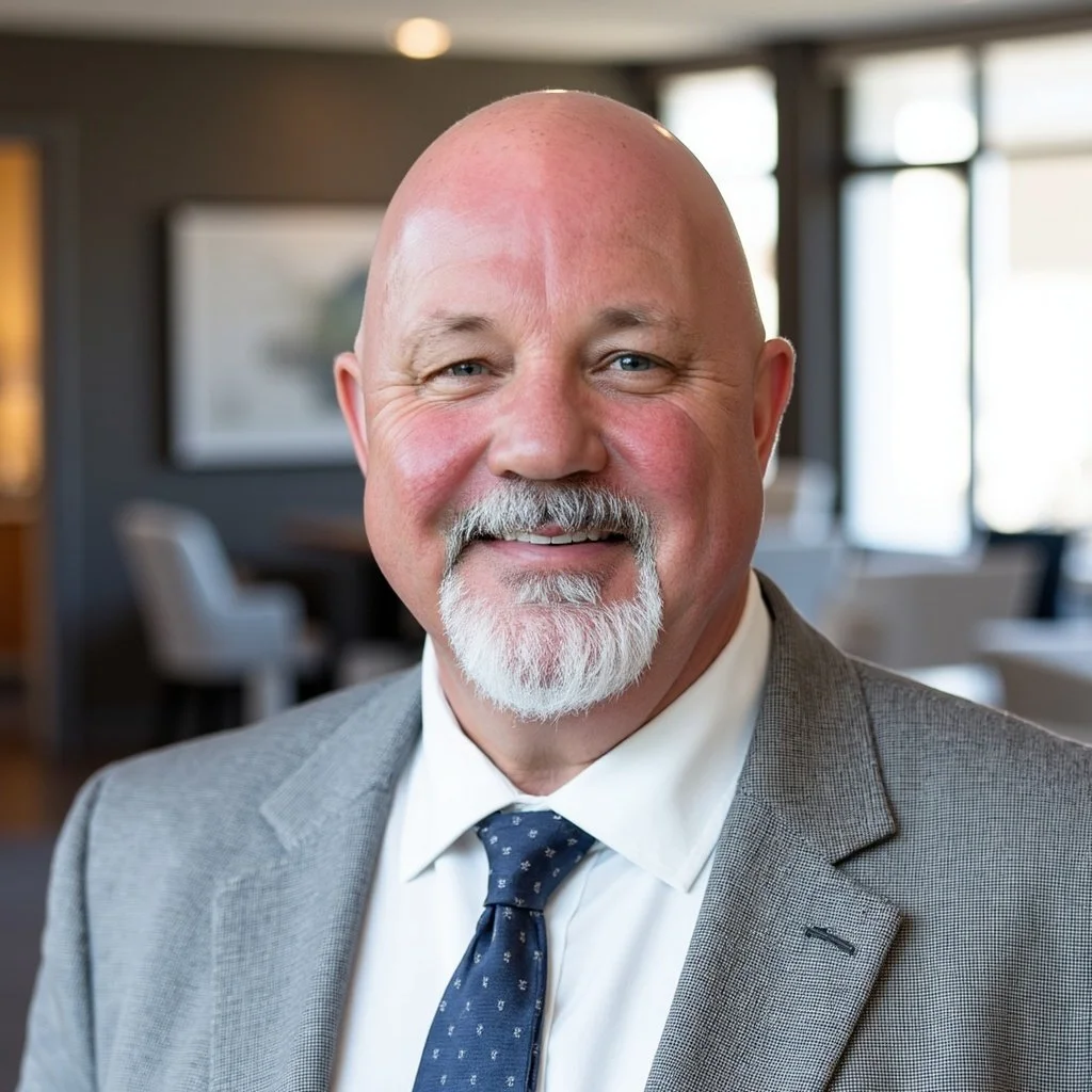 A smiling middle-aged man with a bald head and a white beard, wearing a grey suit, white shirt, and a dark blue tie, in an indoor setting with natural light and blurred background.