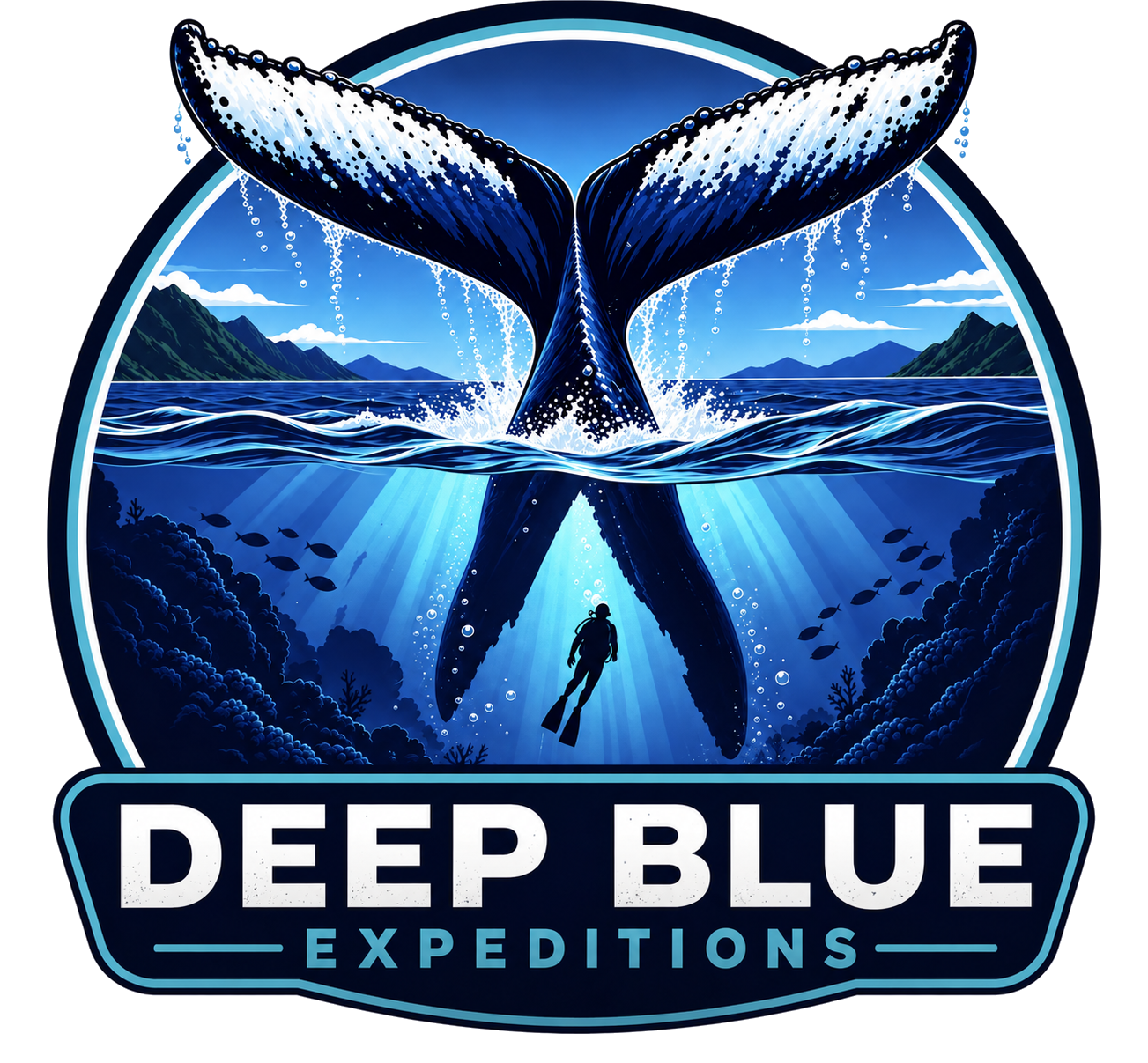 Logo for Deep Blue Expeditions featuring a whale's tail rising from the ocean, with an underwater scene including a scuba diver, coral reefs, and fish, and a mountainous landscape in the background.