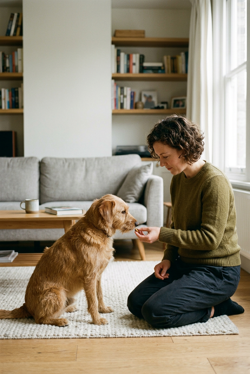 A woman kneeling on a rug giving a treat to a golden retriever sitting in front of her, in a living room with a bookshelf and a couch in the background.