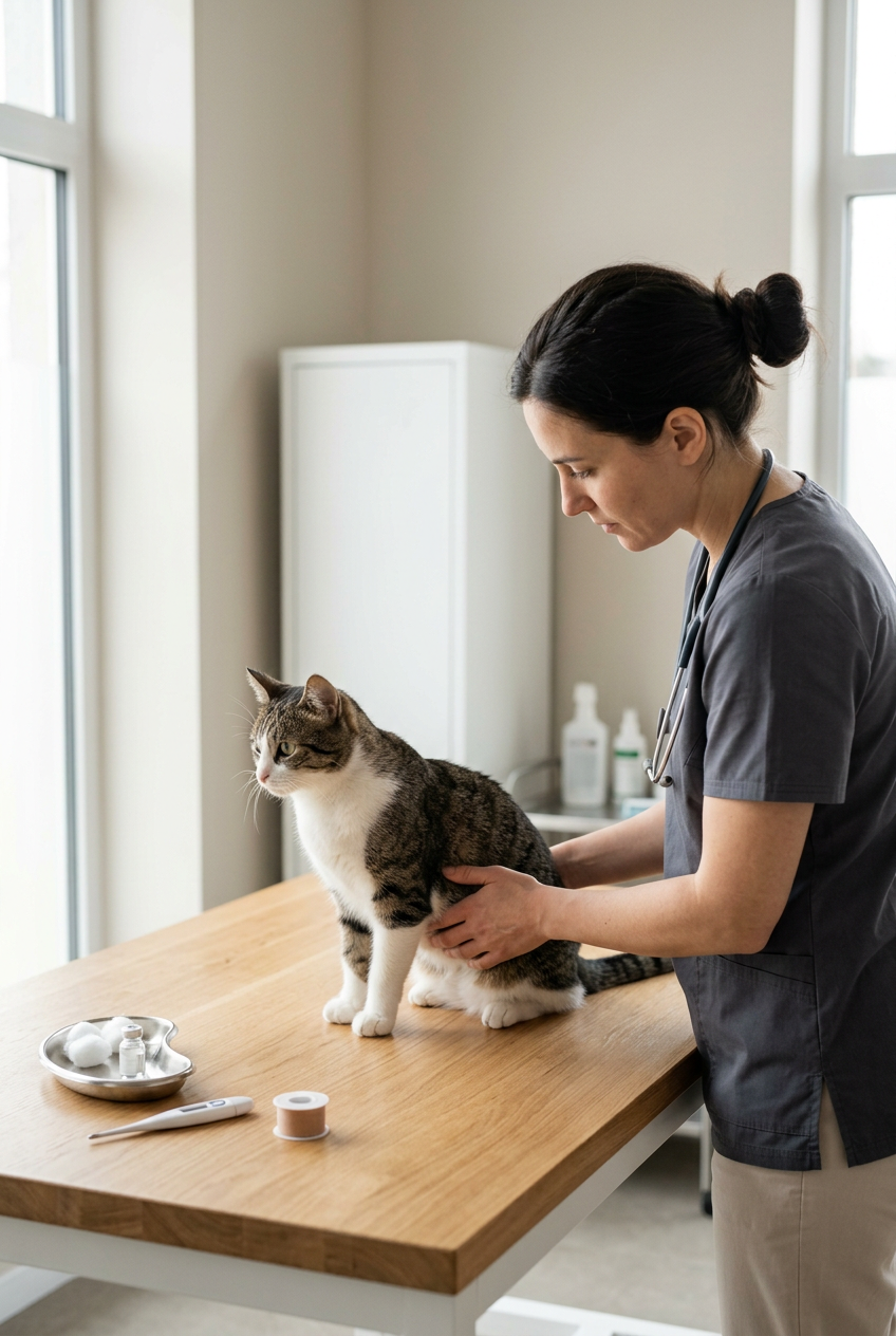 A female veterinarian examines a tabby and white cat on an examination table in a veterinary clinic. The vet is wearing gray scrubs and has a stethoscope around her neck. There are medical supplies, such as a thermometer, cotton balls, and medication bottles, on the table.