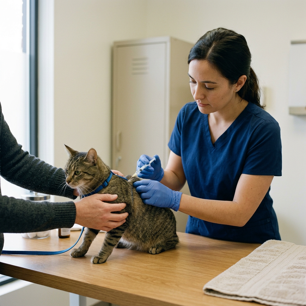 A veterinarian giving a vaccination to a tabby cat at a clinic, with a person holding the cat's body, on a wooden table.
